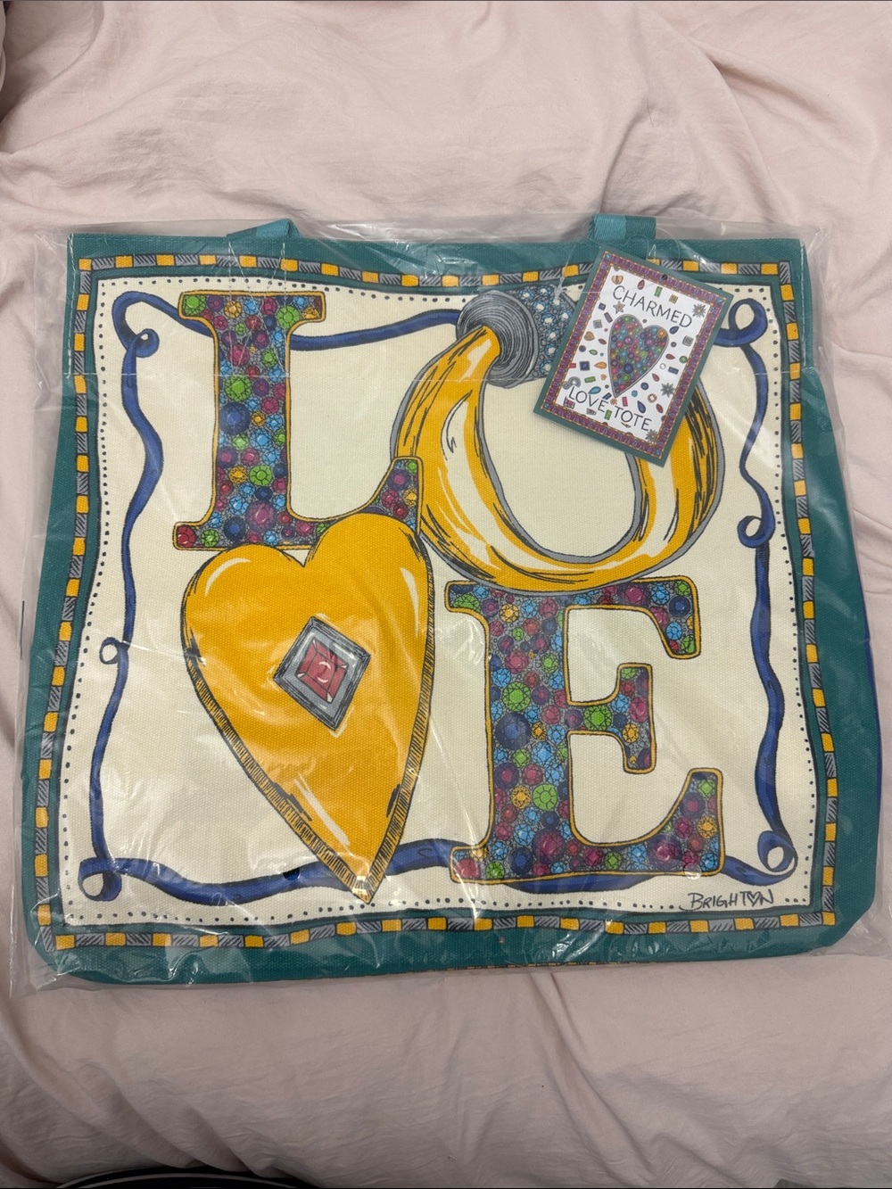 Brighton 'LOVE' Tote Bag in Teal, Yellow, Multicolor